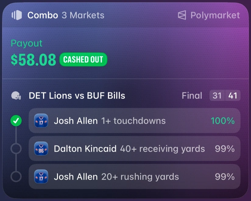Winning slip. 3 market combo, cashed out for $58.08.