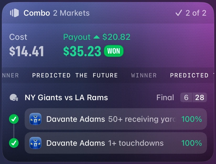Winning slip. 2 market combo, 2 of 2. Cost $14.41, payout $35.23.