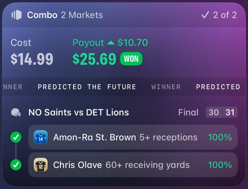 Winning slip. 2 market combo, 2 of 2. Cost $14.99, payout $25.69.